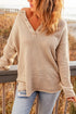 Henley Button Placket Side Slit Drop Shoulder Pullover Knit Sweater